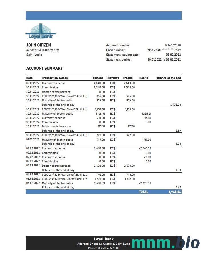 Saint Kitts i Nevis Bank Of Nevis szablon wyciągu bankowego w programie Word i PDF